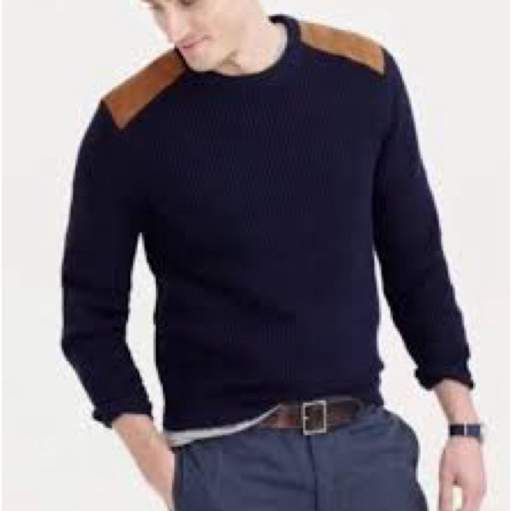 J.Crew Woodsman Crew Neck Suede Shoulder Patch Chunky Ribbed Sweater Navy Sz XS